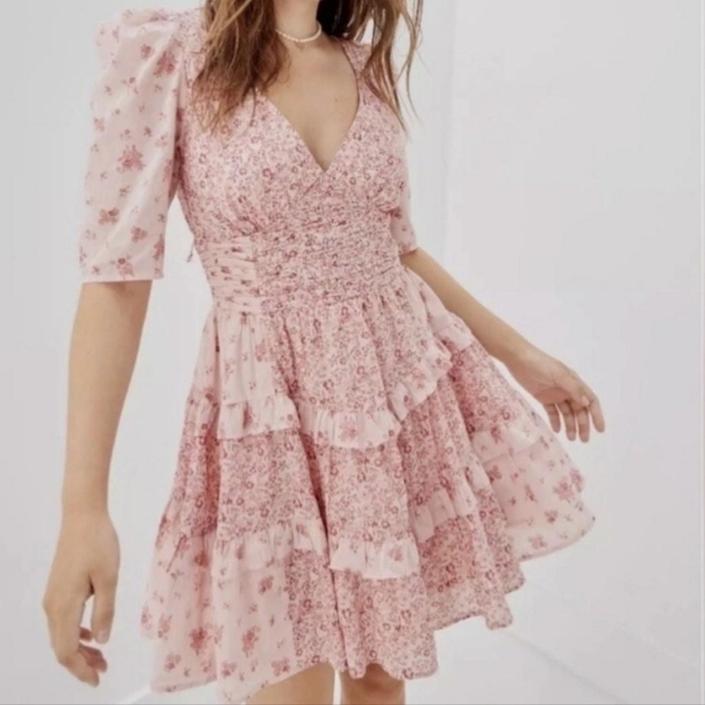 American Eagle Floral Petal Pink V-Neck Babydoll Corset Tiered Mini Dress Size M